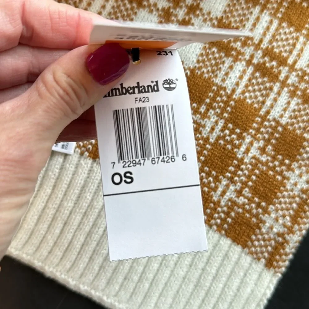 NWT Timberland Buffalo Plaid Knit‎ Scarf Cozy Logo Checkered Tan Cream